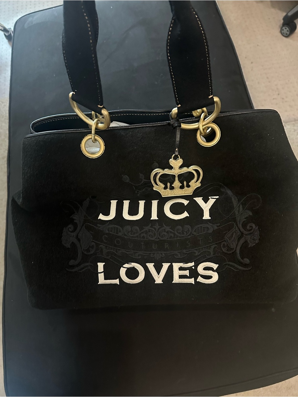 Juicy Couture Black Tote with Gold-Tone Crown Charm